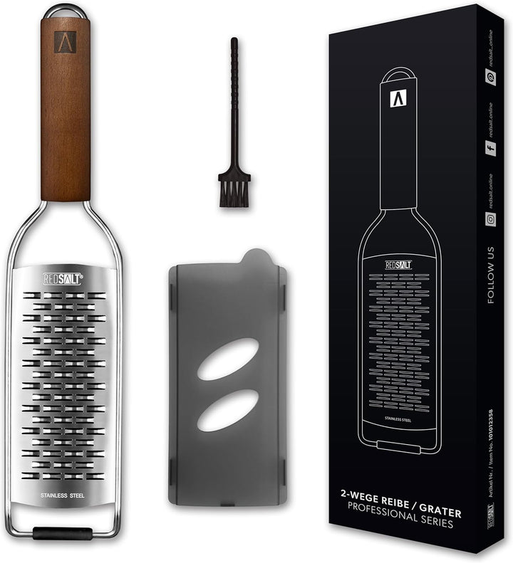 REDSALT® Premium 2-Wege Reibe mit Holzgriff | rasiermesserscharfe Profi Edelstahl Reibe für feine Ge