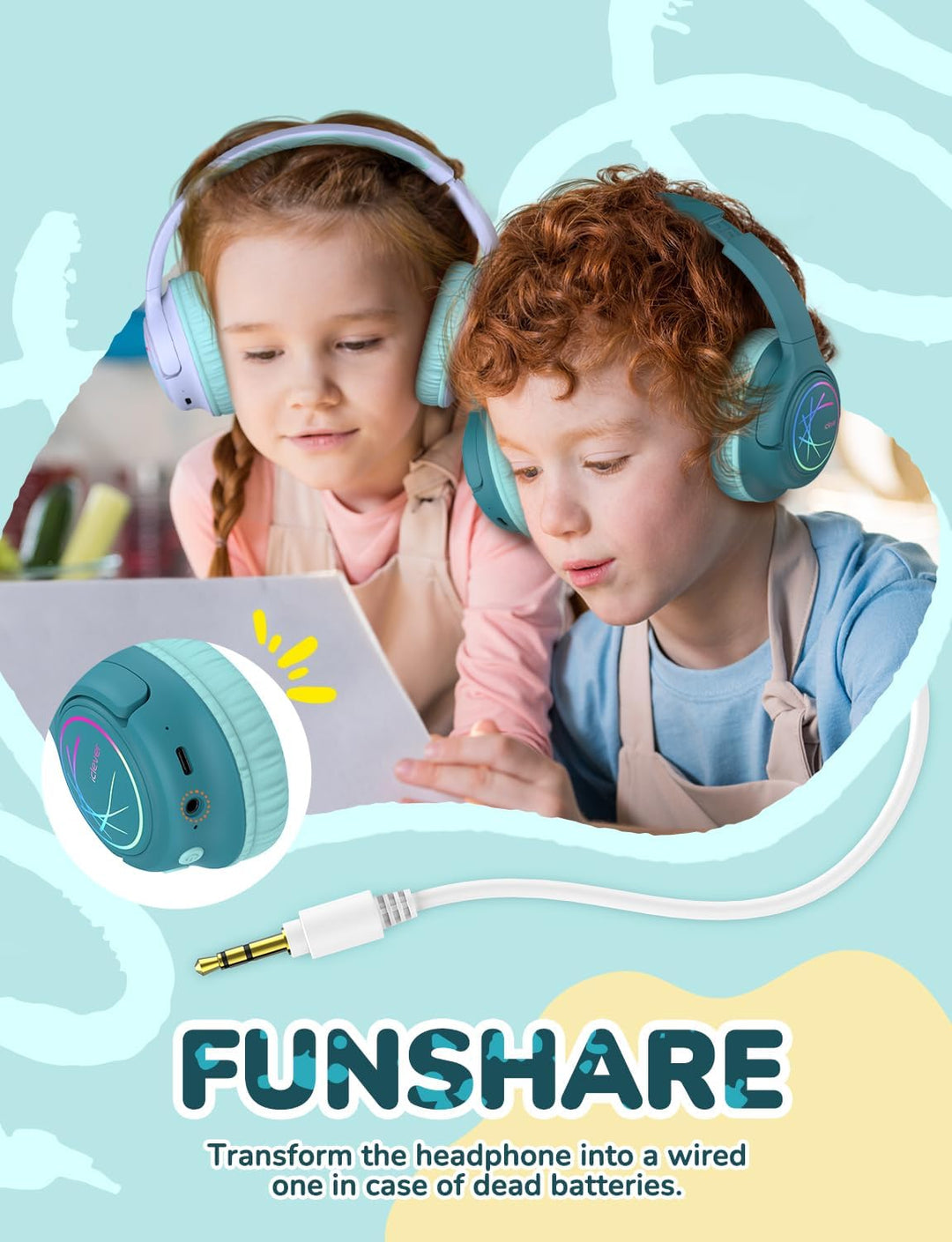 iClever Bluetooth kopfhörer Kinder mit LED-Leuchten, 74/85dBA Lautstärkebegrenzung, 43 Stunden Spiel