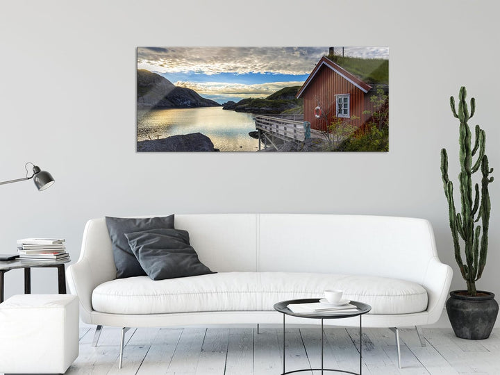 Glasbild Panorama | Wandbild aus Echtglas | Sonnenaufgang am Fjord Norwegens | 100x40 cm | inkl. Auf