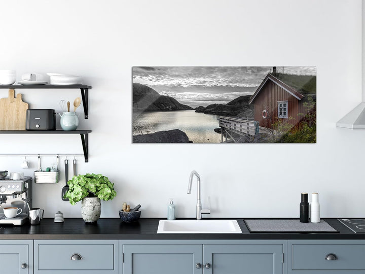 Glasbild Panorama | Wandbild aus Echtglas | Sonnenaufgang am Fjord Norwegens | 100x40 cm | inkl. Auf