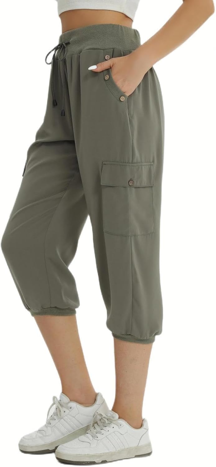 fuinloth 3/4 Hose Damen, Sommer Caprihose Dreiviertel Cargo Hosen Frauen Gummizug Leicht 42-44 Grau