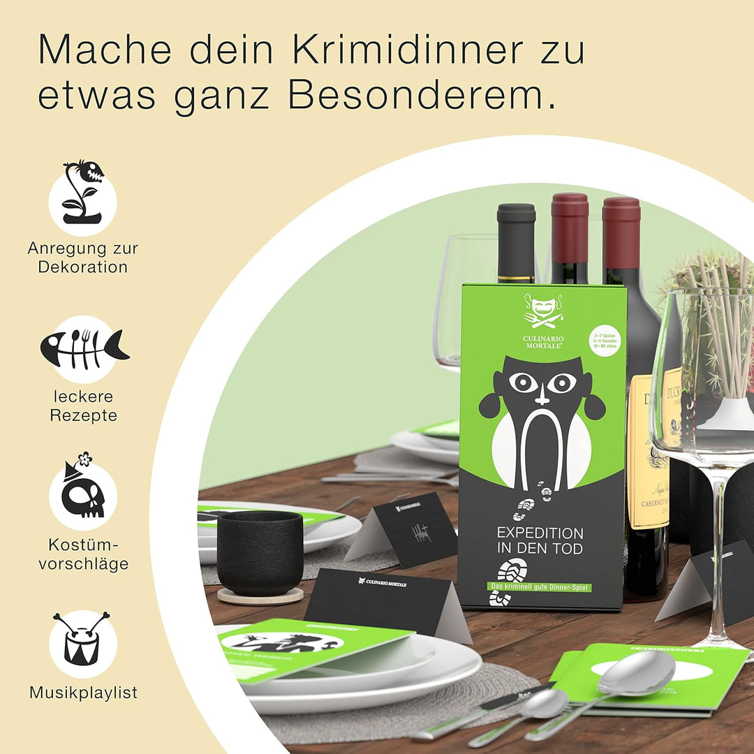 CULINARIO MORTALE® – Expedition in den Tod - Krimidinner für Zuhause für 5 bis 7 Personen - unterhal