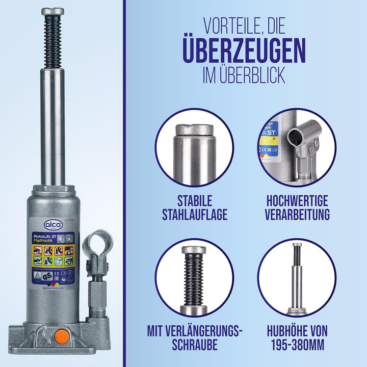 alca® Unterstellheber hydraulisch Wagenheber 3t Stempel-Wagenheber für SUV/PKW Hubhöhe 19,5-38cm
