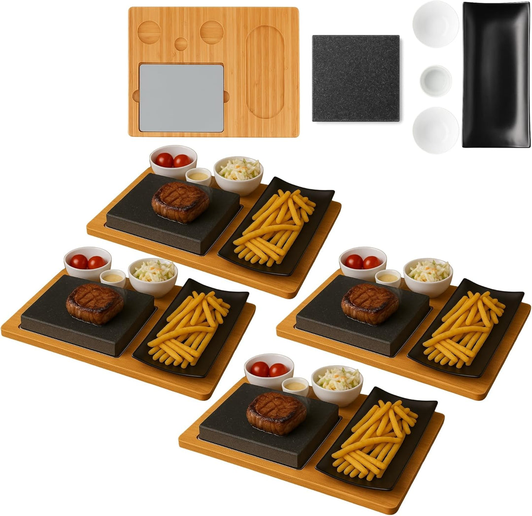 Lavastein Steakbrett, Servierplatte, Bambusbrett mit Hot Stone Grill, Steak Grillplatte, Steinplatte