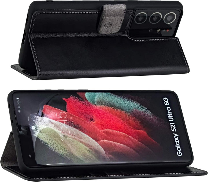 Suncase Book-Style Hülle kompatibel mit Samsung Galaxy S21 Ultra 5G Leder Tasche (Slim-Fit) Lederhül