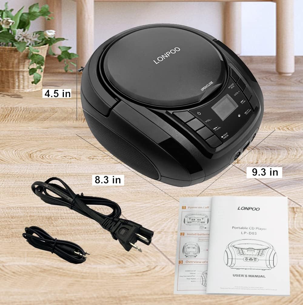 Tragbarer CD-Player Boombox mit FM-Radio/Bluetooth/USB/AUX-Eingang | 3,5 mm MIC & Kopfhöreranschluss