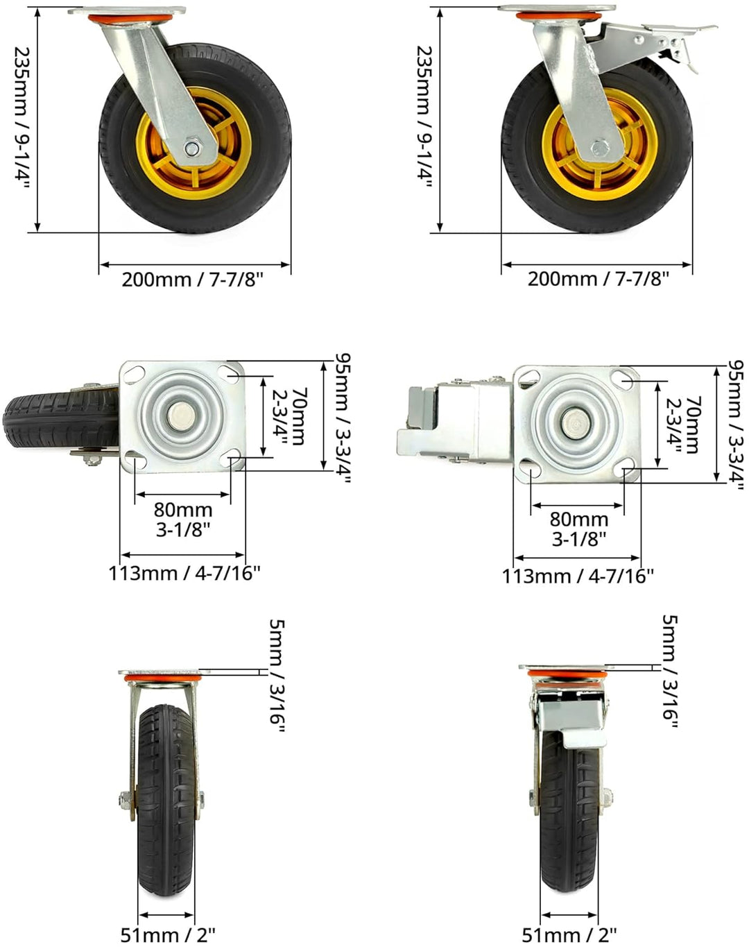 QWORK® 4 Stück 200mm schwerlastrollen - bis 280 kg pro rolle - stossdämpfung lenkrollen für möbeltra