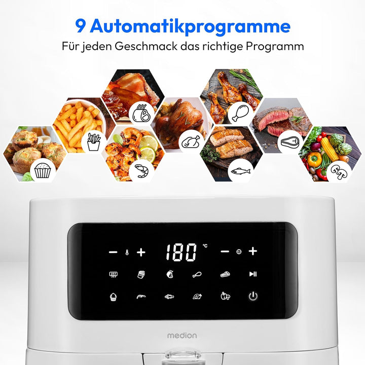 MEDION E40 XL Heissluftfritteuse (5,2 Liter Frittierkorb, 2.150 Watt, 9 Automatikprogramme, Backfunk
