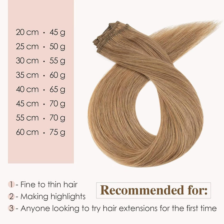 TESS Clip in Extensions Echthaar Blond, Echthaar Extensions Clip 8pcs 25 cm (50 g) Hair Extensions C