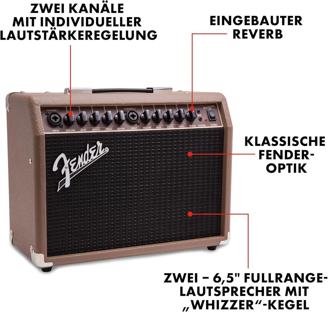 Fender Acoustasonic 40 – 40W Combo Verstärker – Geeignet für elektroakustische Gitarre & Mikrofon –