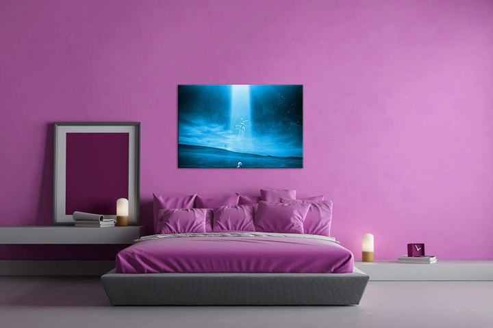 deyoli Ufo Entführung Format 60x40 Effekt: Monocrome Blau als Leinwandbild, Motiv fertig gerahmt auf