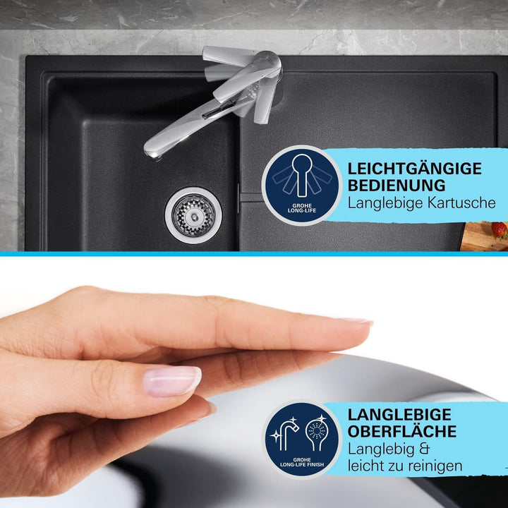 GROHE StartEco - Einhand- Spültischarmatur (Schwenkbereich 140°, langlebige Oberfläche, flacher Ausl