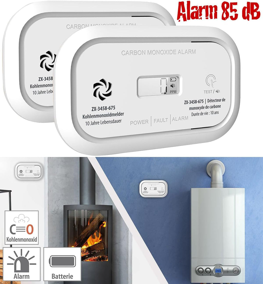 VisorTech Kohlenmonoxid Messgeräte: 2er-Set Digitale Kohlenmonoxid-Melder, 85 dB, Display, DIN EN 50