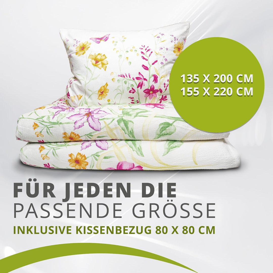 Seersucker Bettwäsche Set Blumenwiese – 135x200 cm Bettbezug + 80x80 cm Kissenbezug – 100% Baumwolle
