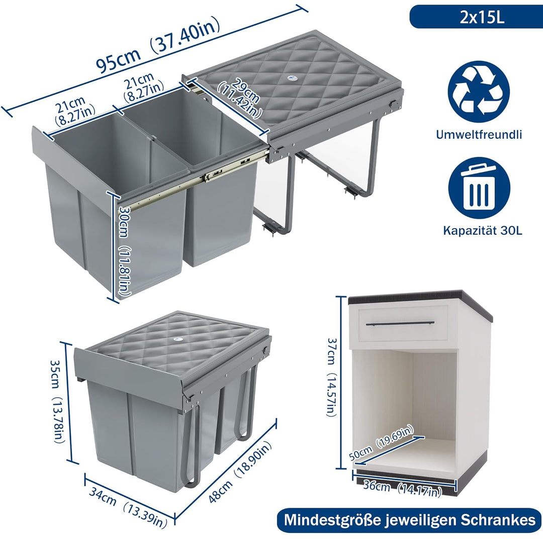 UISEBRT Mülleimer Küche Unterschrank Einbau Abfalleimer Ausziehbar Mülltrennsystem mit Rutsche Kunst