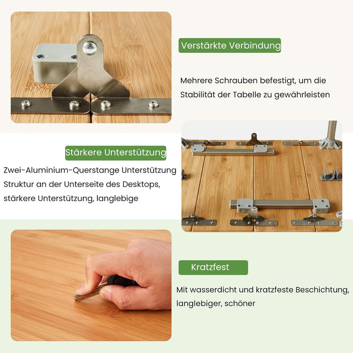 KingCamp Falten Bambus Campingtisch Klapptisch Verstellbare Höhe Aluminiumrahmen für Outdoor Camping