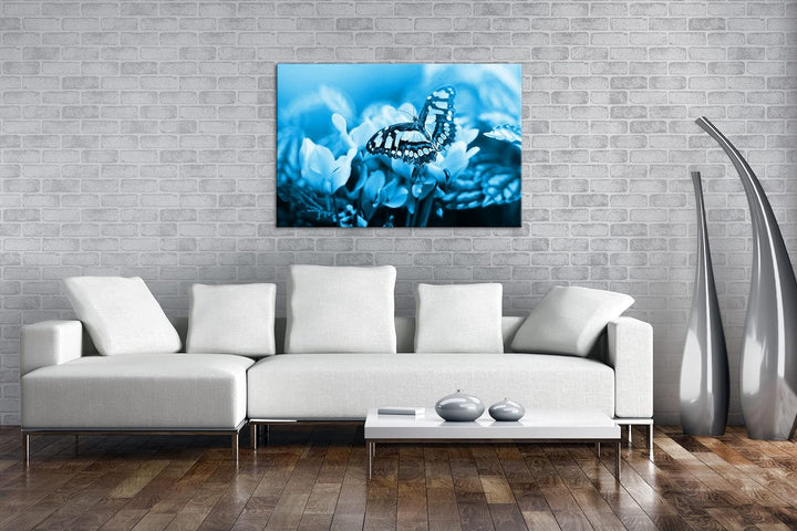 deyoli Pinker Schmetterling Format 80x60 Effekt: Monocrome Blau als Leinwandbild, Motiv fertig gerah