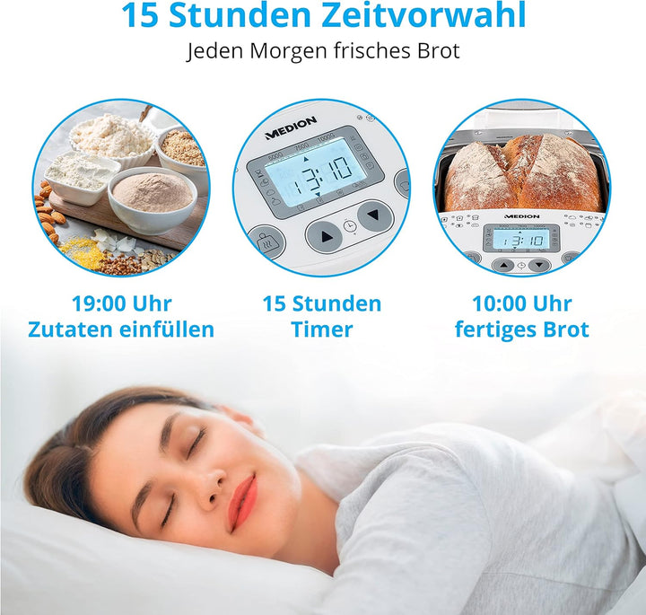 MEDION Brotbackautomat (Brotbackmaschine, 550 Watt, bis zu 1000g, 19 Backprogramme, 3 Bräunungsgrade