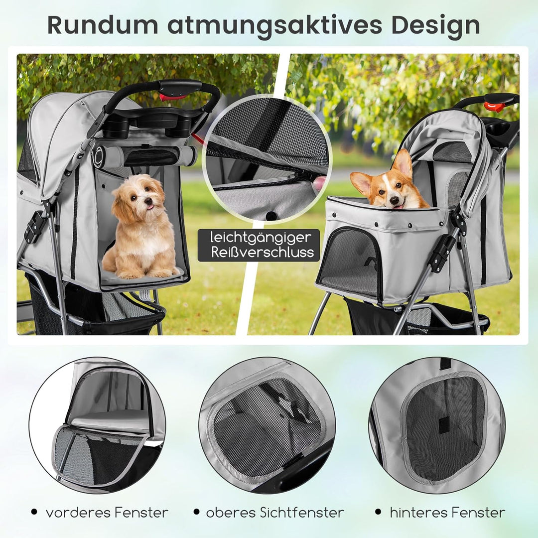 COSTWAY Hundewagen Haustiere Buggy, bis 15 kg, Hundebuggy mit Netzfenstern & Getränkehalter & Korb &