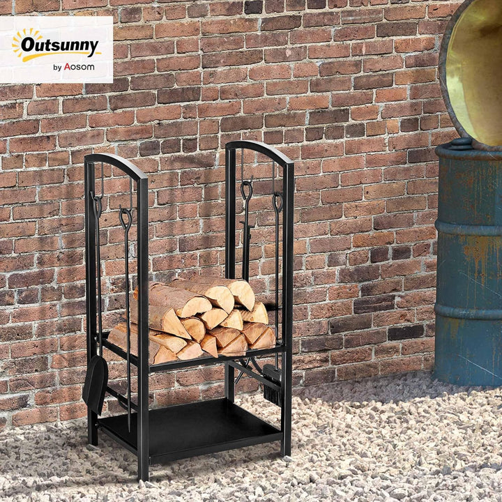 Outsunny Kaminholzständer Brennholzregal Feuerholzablage 2 Schichte Kaminwerkzeug Schwarz 40x30x74,5