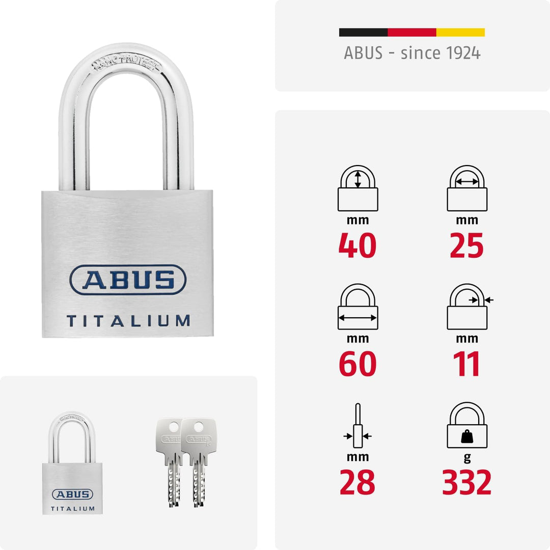 ABUS Titalium Vorhängeschloss 96TI/60 - leichter Schlosskörper aus massivem Spezial-Aluminium - Kell