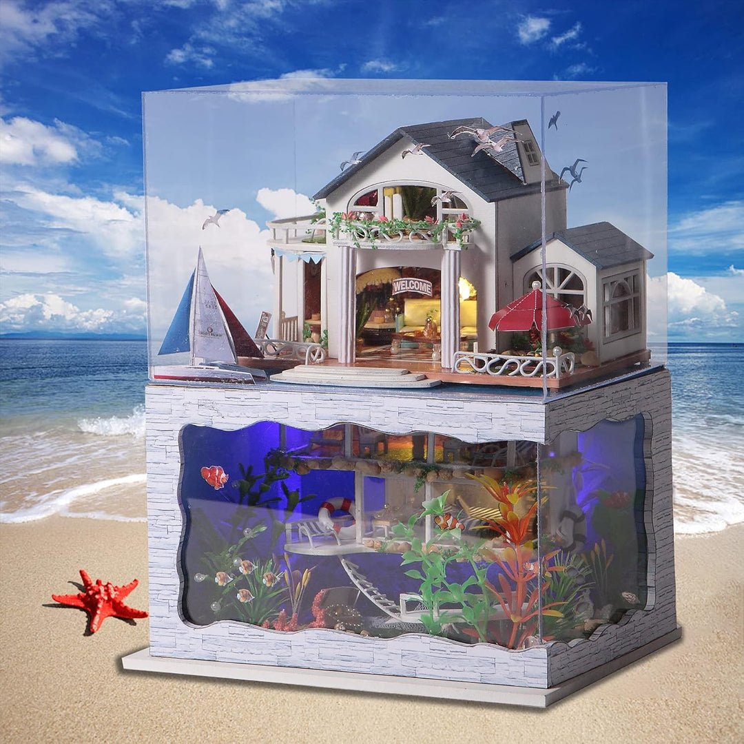 Cuteefun DIY Miniatur Puppenhaus Meer Kit zum BAU Miniatur Haus mit Staubdichten Möbeln und Werkzeug