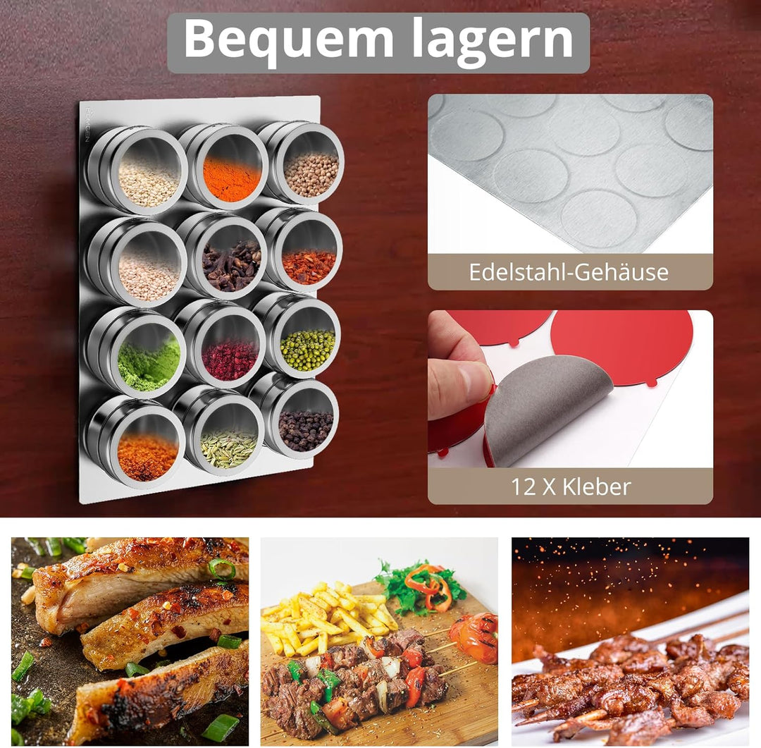 HOMGEN Gewürzdosen Magnetisch Edelstahl 12 Stück Gewürzgläser Set Magnet 100ml Gewürze Spice Jars mi