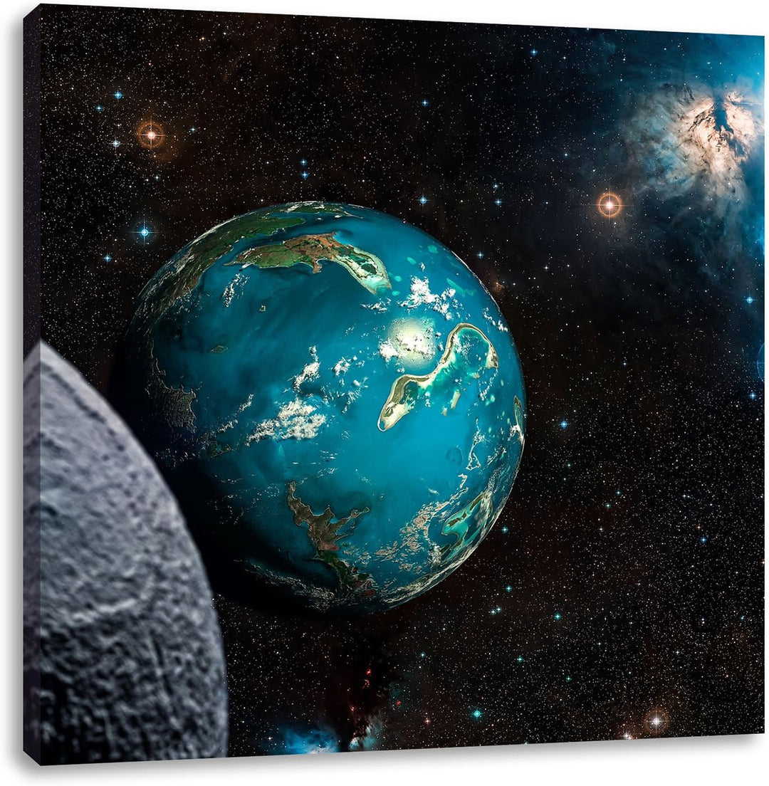 Planet Erde im Kosmos, Format: 70x70 auf Leinwand, XXL riesige Bilder fertig gerahmt mit Keilrahmen,