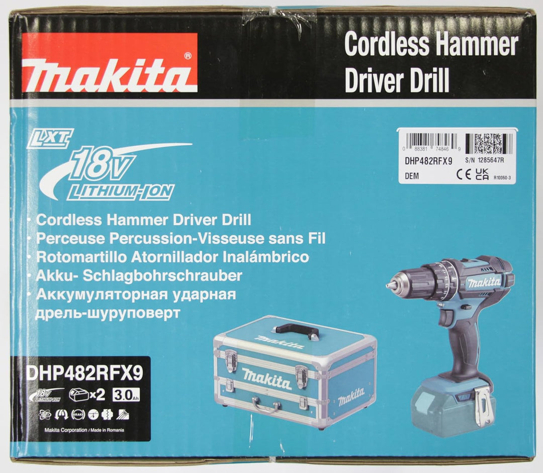 Makita DHP482RFX9 Akku-Schlagbohrschrauber 18V / 3,0 Ah, 2 Akkus + Ladegerät im Alukoffer + 96-tlg.