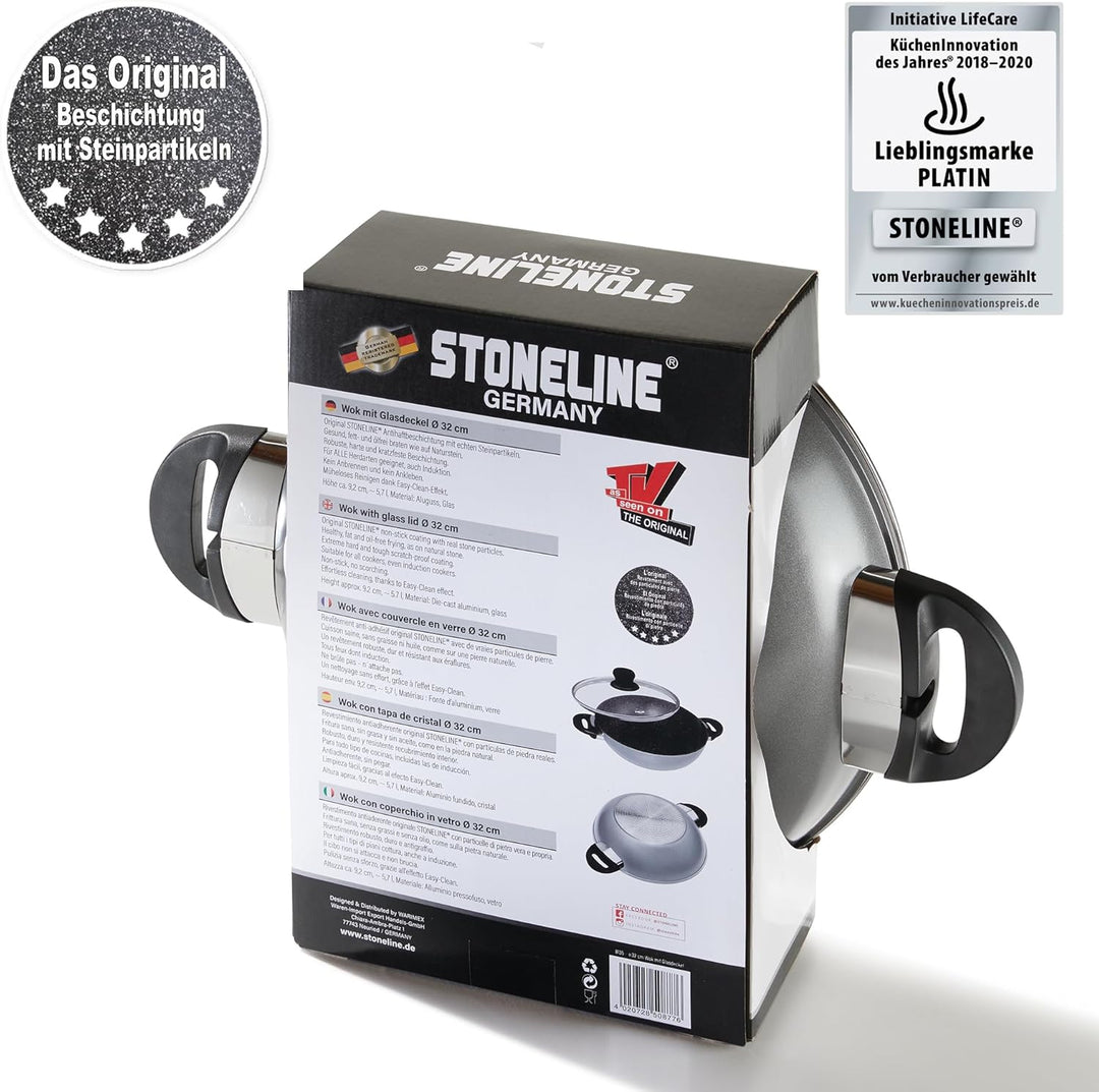 Stoneline Wok 32 cm, mit Deckel, Aluguss, Wok Pfanne beschichtet mit echten Steinpartikeln, grau, oh