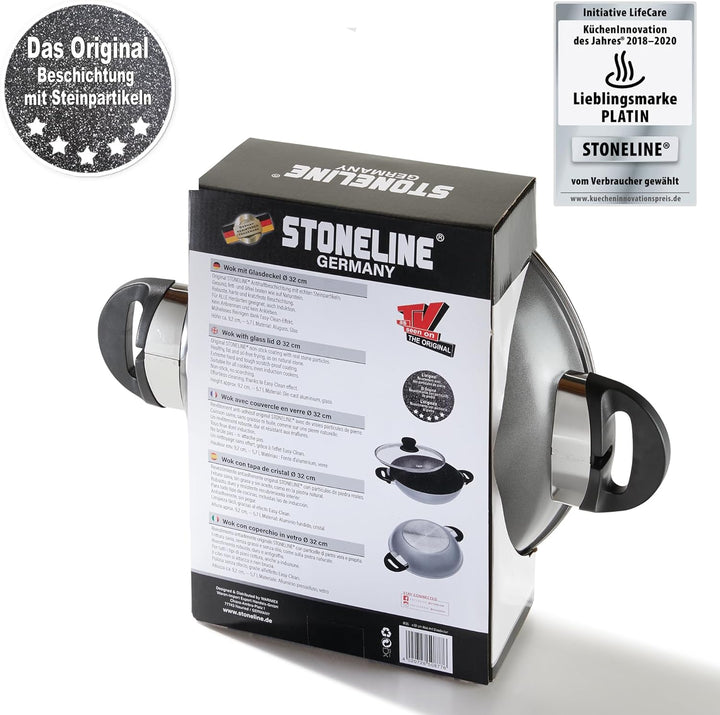 Stoneline Wok 32 cm, mit Deckel, Aluguss, Wok Pfanne beschichtet mit echten Steinpartikeln, grau, oh