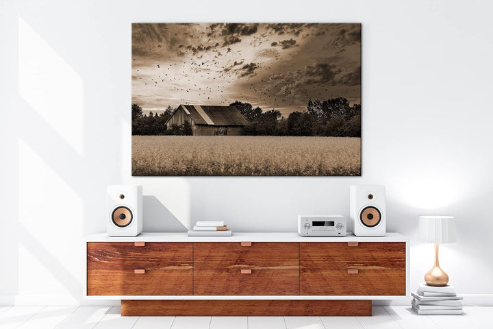 deyoli Scheune am blühendem Feld Effekt: Sepia Format: 60x40 als Leinwandbild, Motiv fertig gerahmt