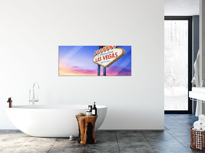 Glasbild Panorama | Wandbild aus Echtglas | Las Vegas Schild in der Dämmerung | 100x40 cm | inkl. Au
