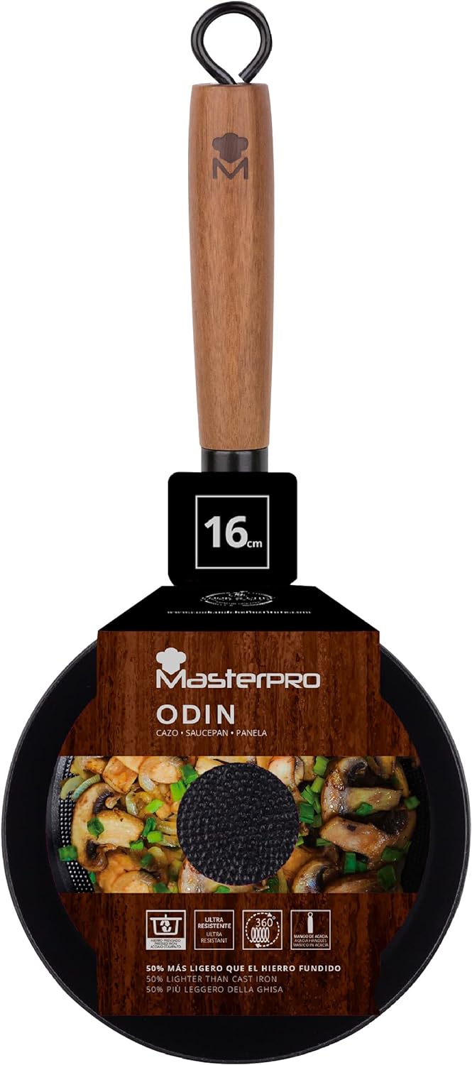 MasterPRO Odín | Pfanne Antihaftbeschichtet 16 cm | Aus Gepresstem Eisen | Ergonomischer Akazienholz