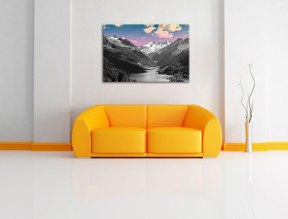 ruhiger See in verschneiter Berglandschaft schwarz/weiss Format: 100x70 auf Leinwand, XXL riesige Bi