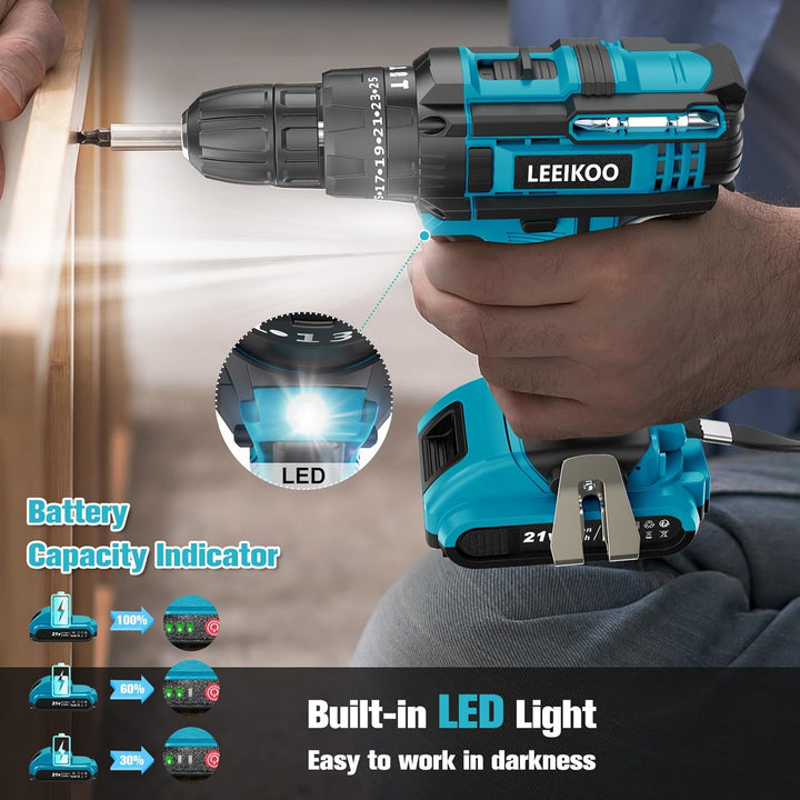LEEIKOO Akkuschrauber 21V, Akku Bohrschrauber mit 2 Akkus 2.0Ah, 42N.m Akku Bohrmaschine, 25+3 Drehm