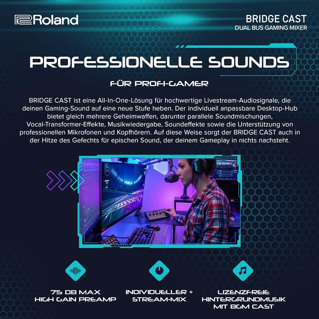 Roland BRIDGE CAST Dual Bus Gaming-Mixer in Schwarz | Professionelles Audio-Streaming-Interface und