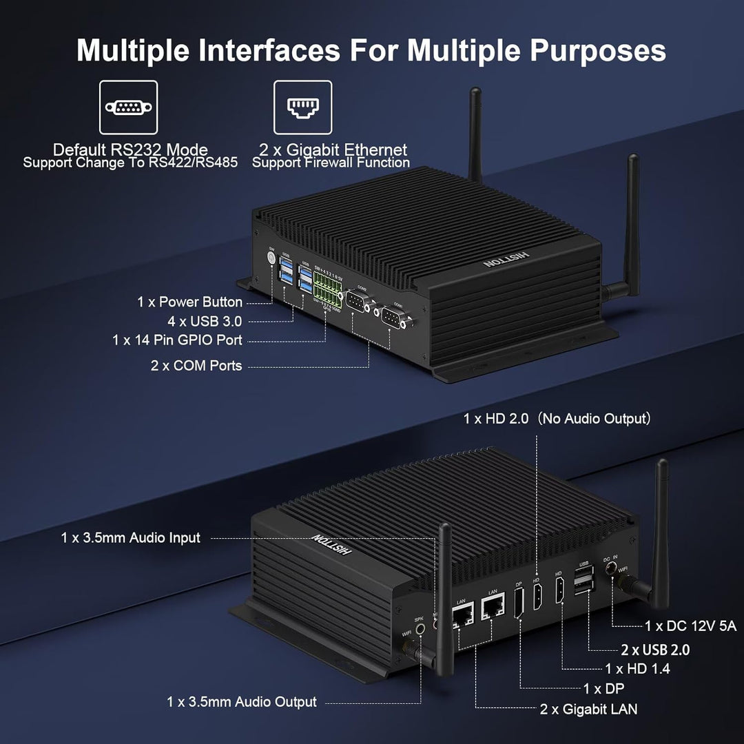 HISTTON Lüfterloser Mini PC Windows 11 Pro, Industrie PC Core i7-10810U, DDR4 32GB RAM 512GB M2. SSD