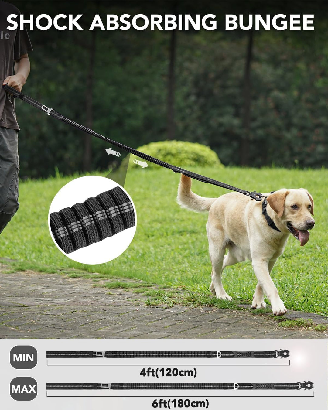 Joytale Taktische Hundeleine, 1.2m-1.8m Bungee Hundeleine mit 2 Gepolsterten Griffen, Autosicherheit