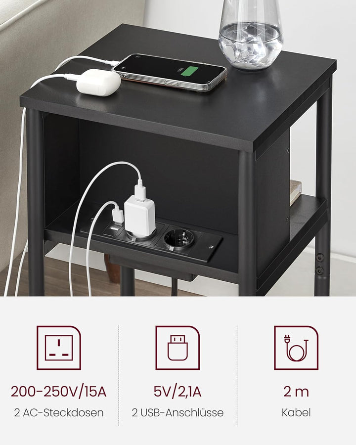 VASAGLE Beistelltisch, Nachttisch mit Steckdose, schmal, 2 AC-Anschlüsse, 2 USB-Anschlüsse, 30 x 34