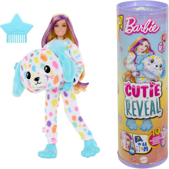 Barbie Cutie Reveal Puppe und Accessoires, Regenbogen-Dalmatiner-Plüschkostüm und 10 Überraschungen