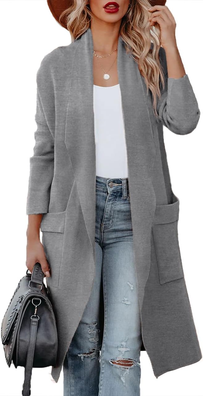 Maavoki Strickjacke Damen, Langarm Offene Front Cardigan mit Tasche, Casual Lange Einfarbig Strickma
