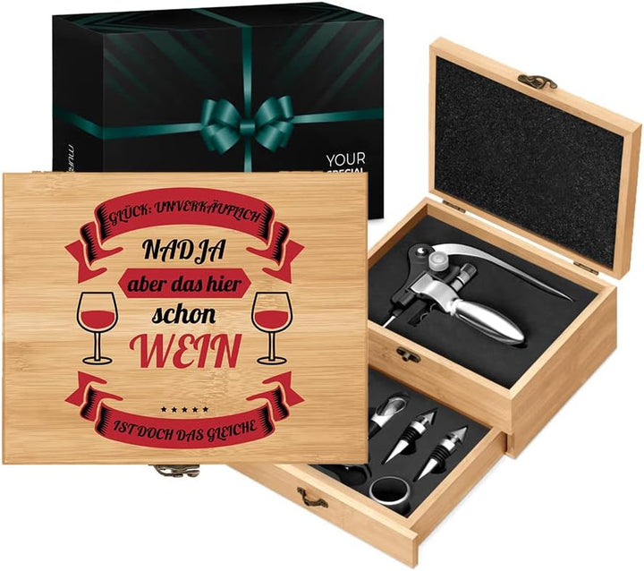 Maverton Weinöffner-Set personalisiert Weinset Sommelier Set - Geschenkbox Holzbox + 8er Weinzubehör
