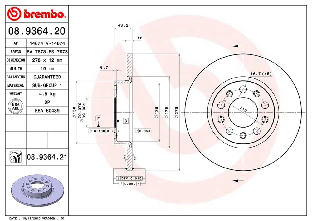 Brembo 08.9364.21 COATED DISC LINE Bremsscheibe - Paar