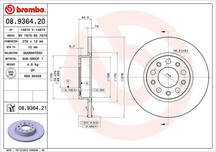 Brembo 08.9364.21 COATED DISC LINE Bremsscheibe - Paar