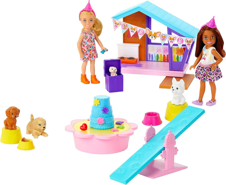 Barbie Chelsea Doggy Party Zwei Puppen mit Haustieren und Spielset mit Zubehör, Spielzeug + 3 Jahre