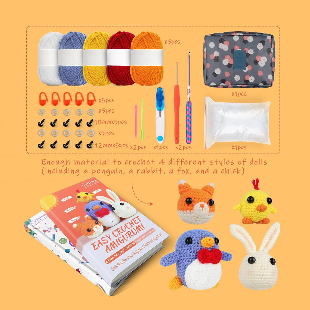 Coopay Häkelset für Anfänger, Komplettes Häkelset mit 4 Verschiedene Tier-Häkelanleitungen (Pinguin/