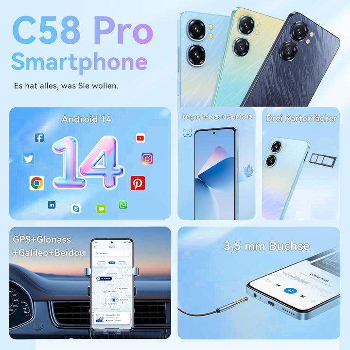 OUKITEL C58 Pro Smartphone Ohne Vertrag Android 14-24GB+256GB 50MP+8MP AI Kamera Handy Ohne Vertrag