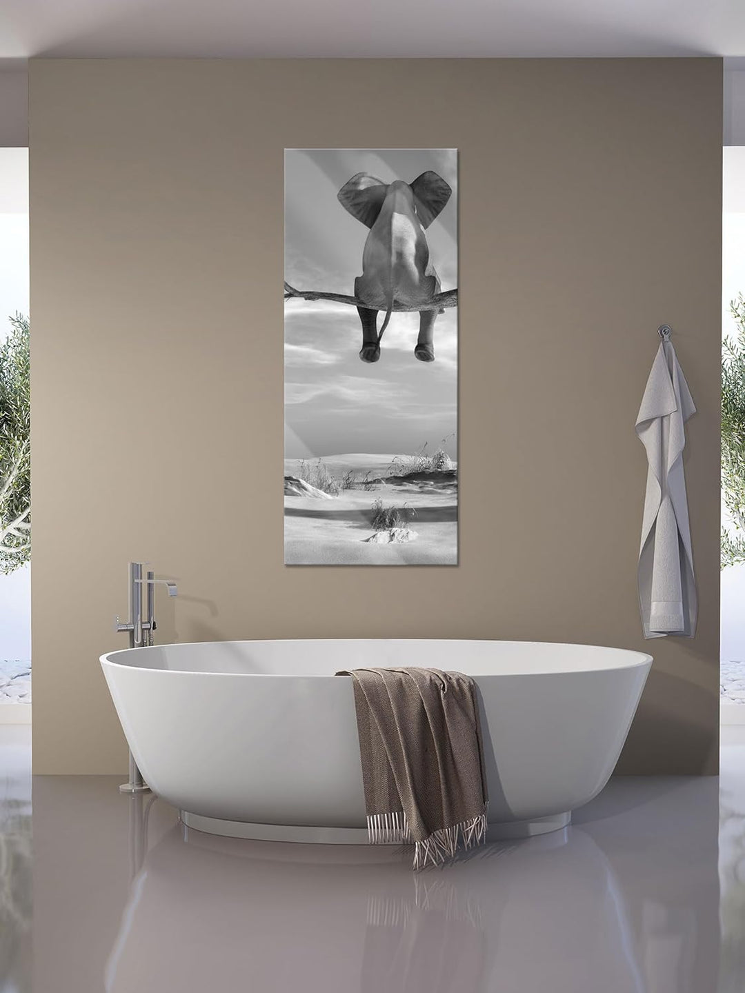 Glasbild Panorama | Wandbild aus Echtglas | Elefant auf einem Ast in der Wüste | 100x40 cm | inkl. A