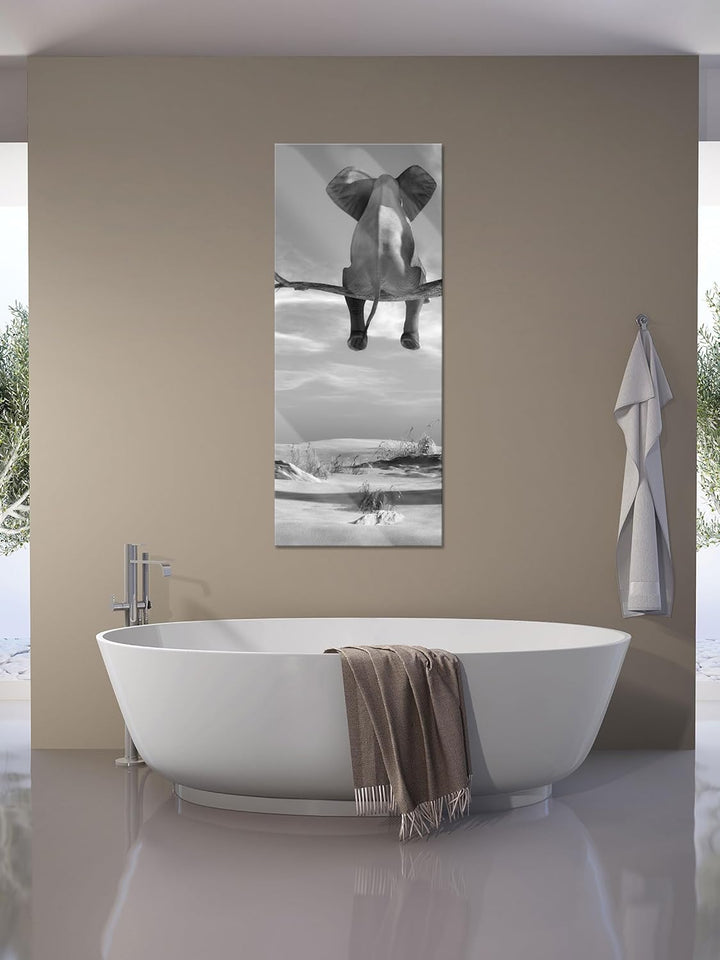 Glasbild Panorama | Wandbild aus Echtglas | Elefant auf einem Ast in der Wüste | 100x40 cm | inkl. A